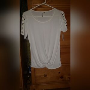 NY Collection White Polyester Spandex Top w/ Cut Out Sleeves Beading Size Small